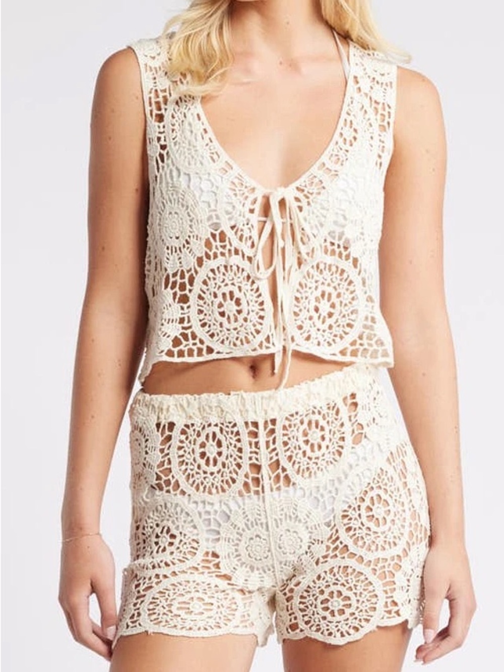 Nasty Gal Premium Crochet Beach Set Cream Cover Up Top Shorts M NWT